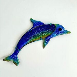 RARE OSALAD Garden Animal of Metal Dolphin Wall Artwork with Blue Painting Glass